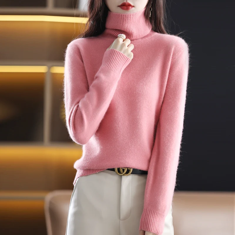 Autumn Winter 100% Mink Cashmere Sweater Women Knitwear Pullover Thick Warm Solid Color Plus Size Base High Lapel Clothing Tops