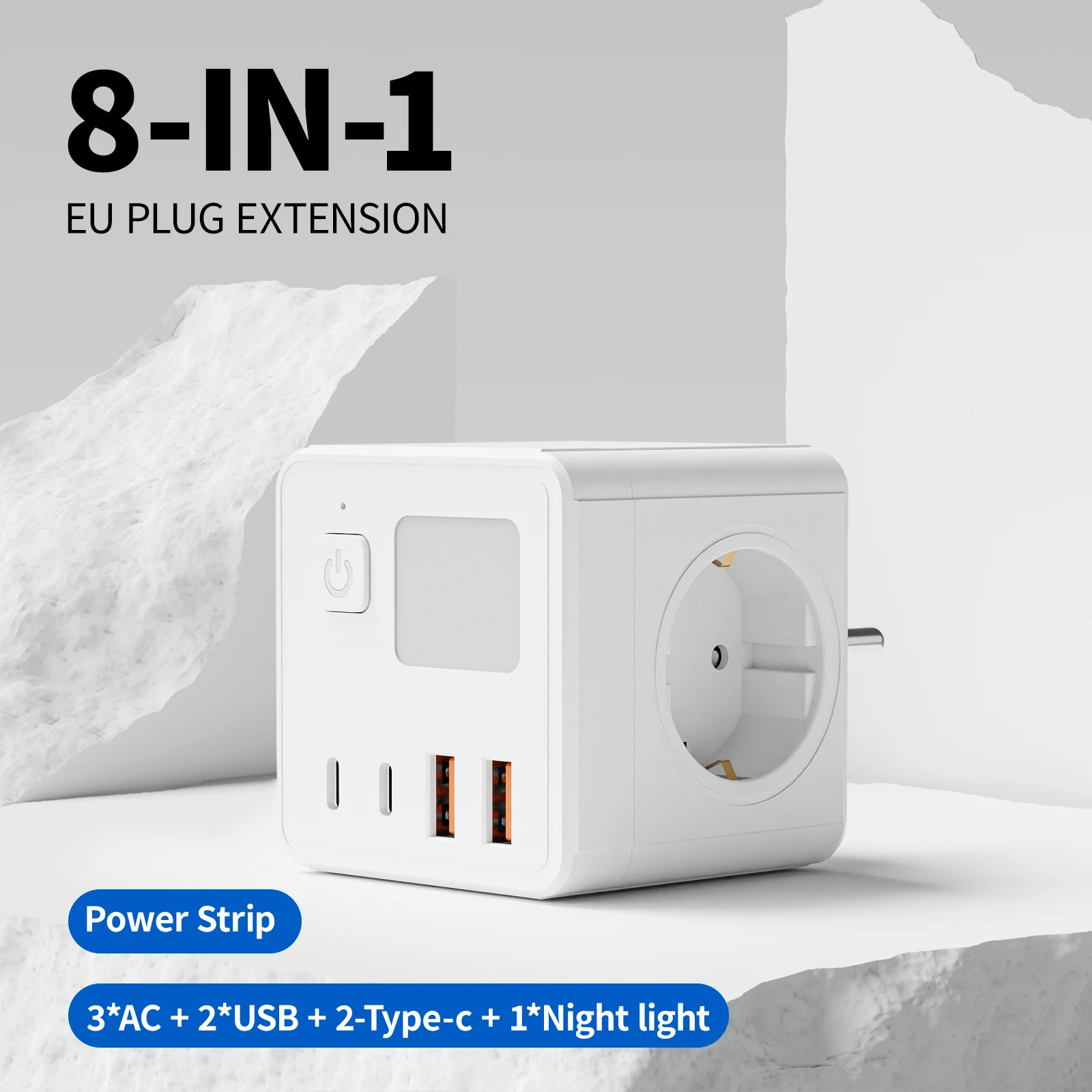 1 شريط طاقة الاتحاد الأوروبي، 3 مقابس تيار متردد ومنافذ USB و2 منفذين من النوع C مع ضوء ليلي صغير بثلاثة ألوان.