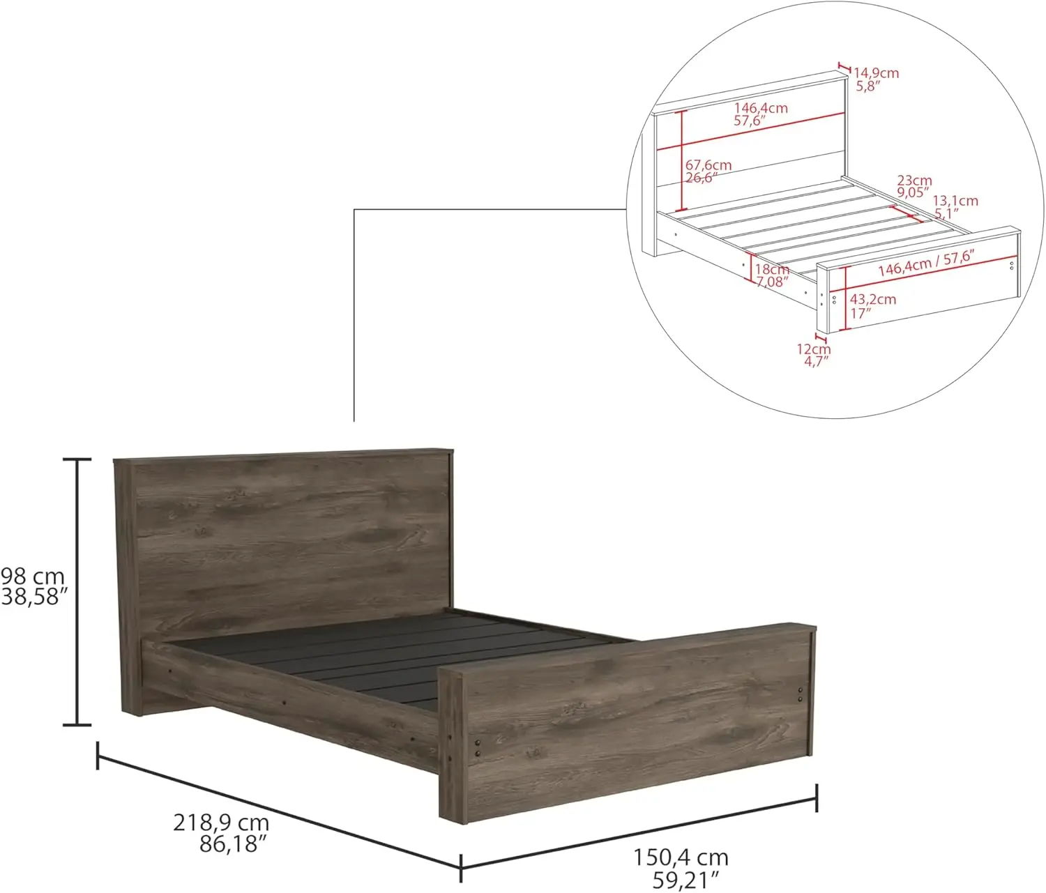 Full Size Bed Base With Headboard, Easy Assembly, Modern And Classic Design, Dark Brown