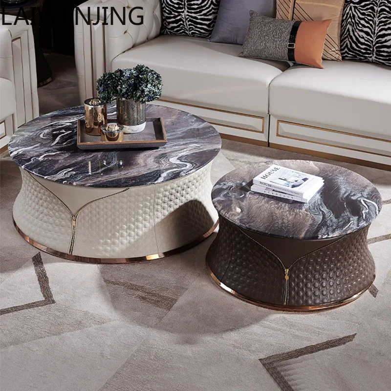 

MJY Light Luxury Round Coffee Table Leather Zipper Marble Large Round Table