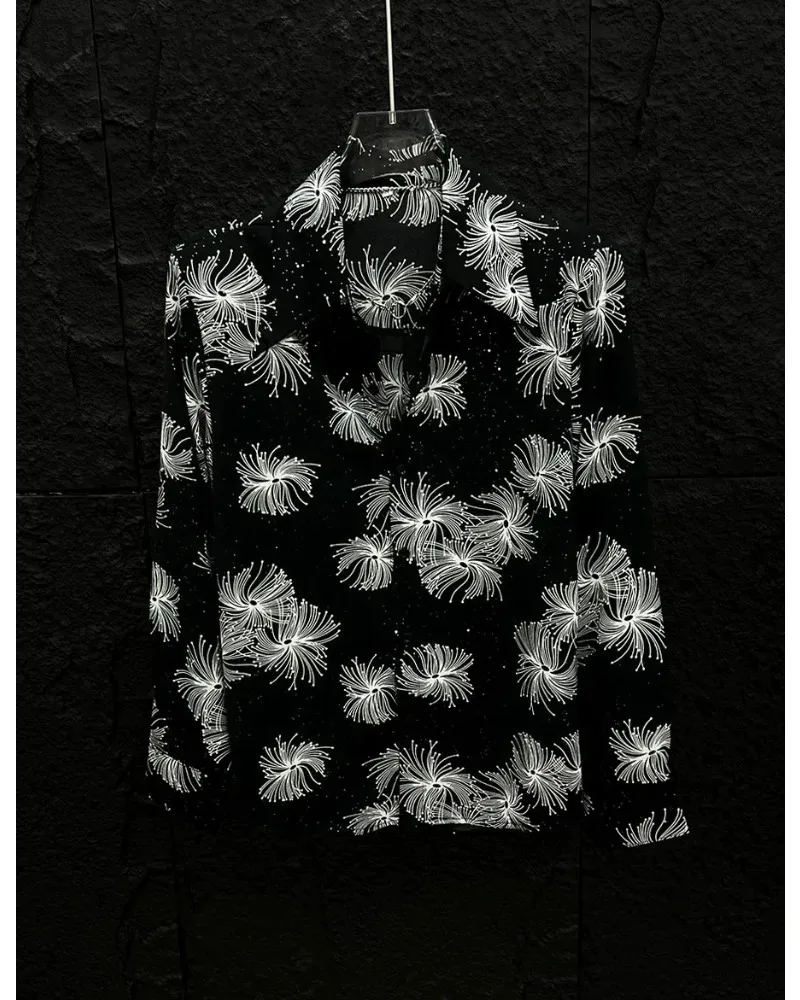 2026 Spring Autumn Men's Lapel Long Sleeve Top Red Diamond Glitter Print Retro Loose Casual Daily Streetwear Shirts For Men