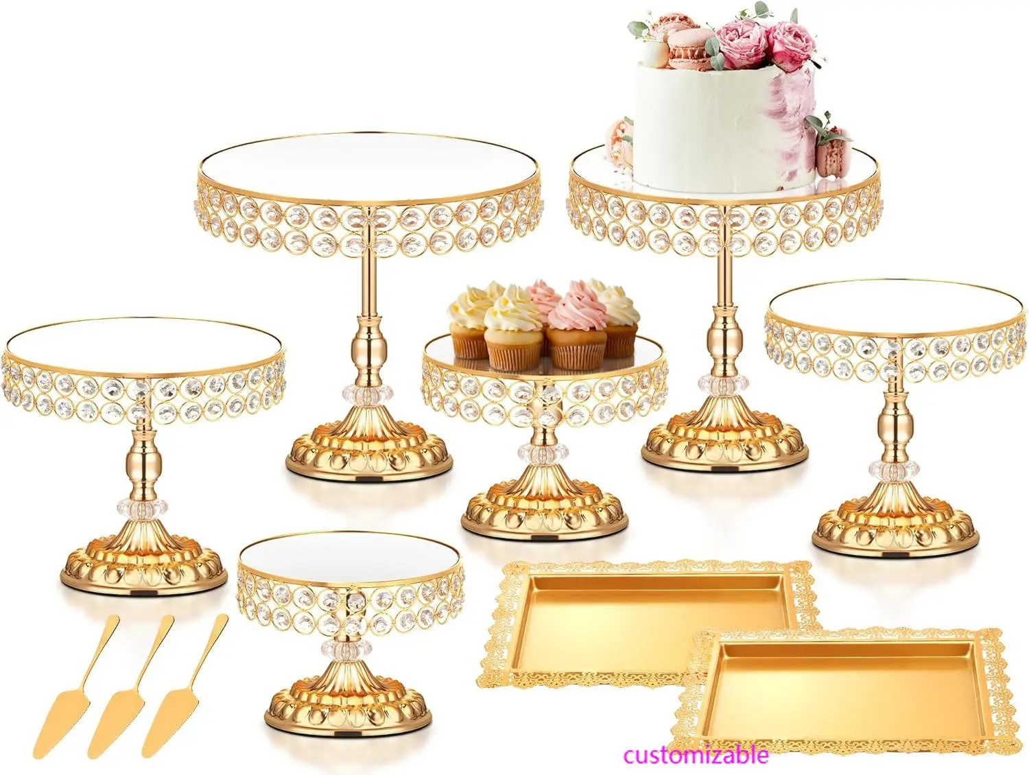

12 Pieces Gold Cake Stand Set, Vintage Cake Display Stand with Crystal Edge and Cupcake Display Tray, Dessert Table Display