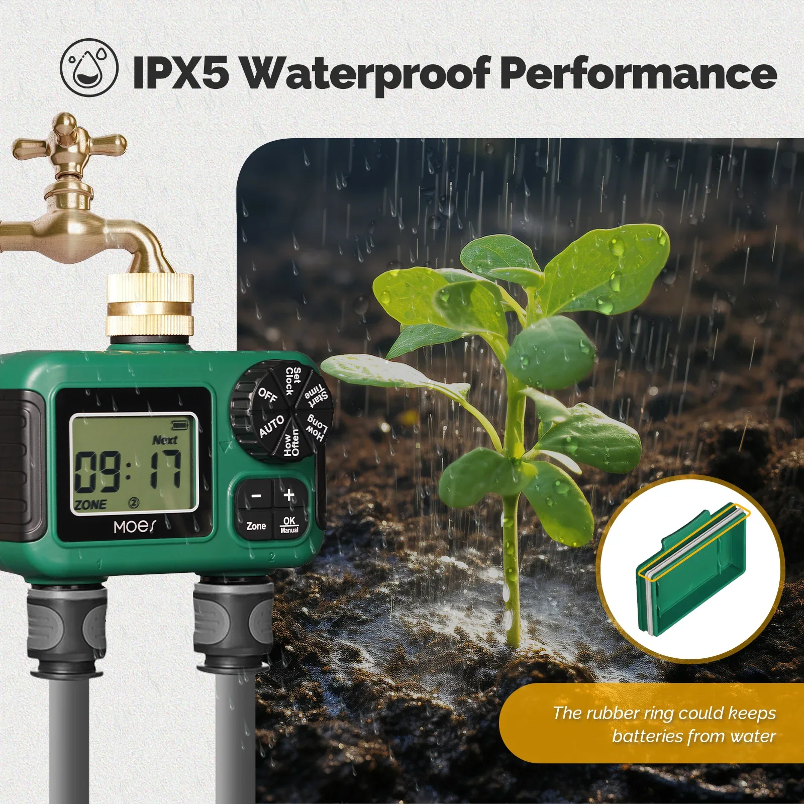 MOES 2-Outlet Water Timer Brass Inlet IPX5 Waterproof Rotary Knob LCD Display Rain Delay Child Lock Garden Irrigation
