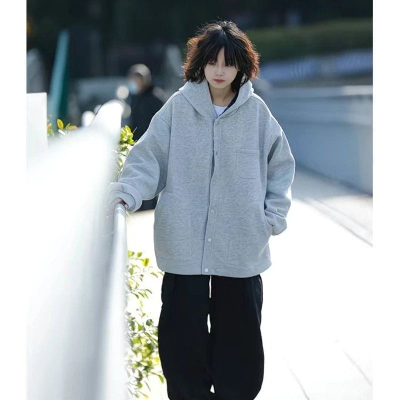 Japanese spicy girl retro solid color plaid hooded cardigan sweatshirt spring autumn American loose casual couple sweatshirt