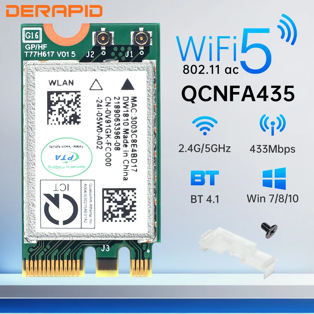 

Двухдиапазонный QCA9377 433 Мбит/с Wi-Fi-карта Bluetooth 4,1 адаптер 802.11AC QCNFA435 NGFF сетевой адаптер для Win7/8/10 для ПК/ноутбука