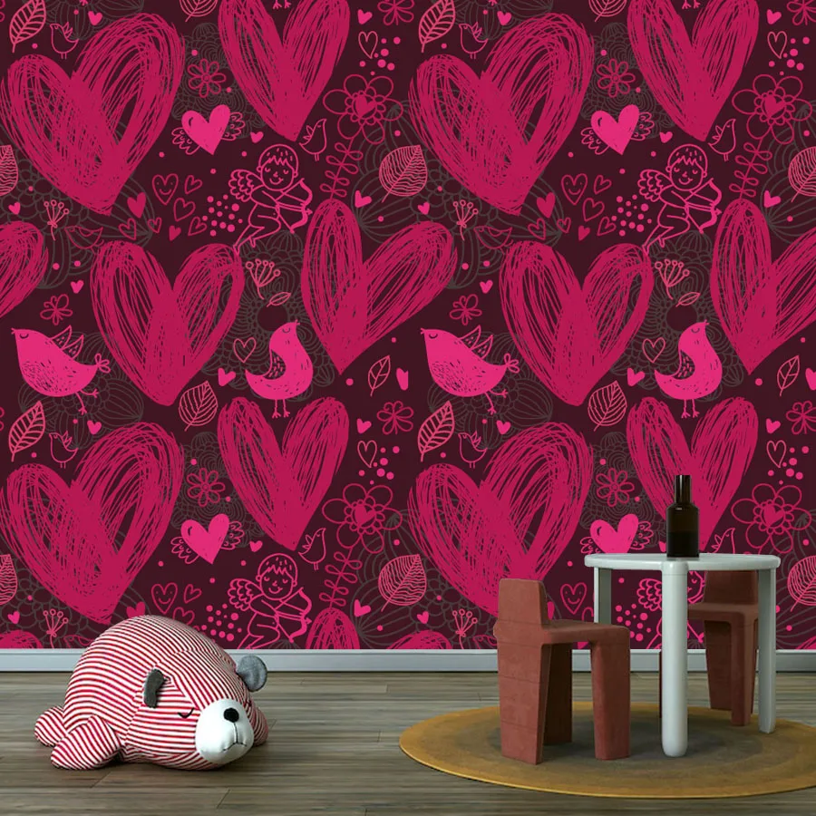 Modern Custom Wall Art Papers Home Decor Peel and Stick Wallpaper for Living Room Red Heart Design Girl Bedroom Renovation Mural