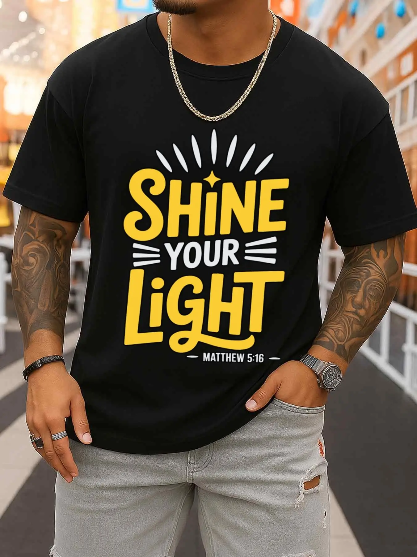 Shine Your Light T-Shirt Men's Black Short-Sleeve Crew Neck Casual Sportswear All-Season Fitness Top, Stylish Sporty Look, Durable Sportswear, Comfortable Elastic Fabric: Greenink