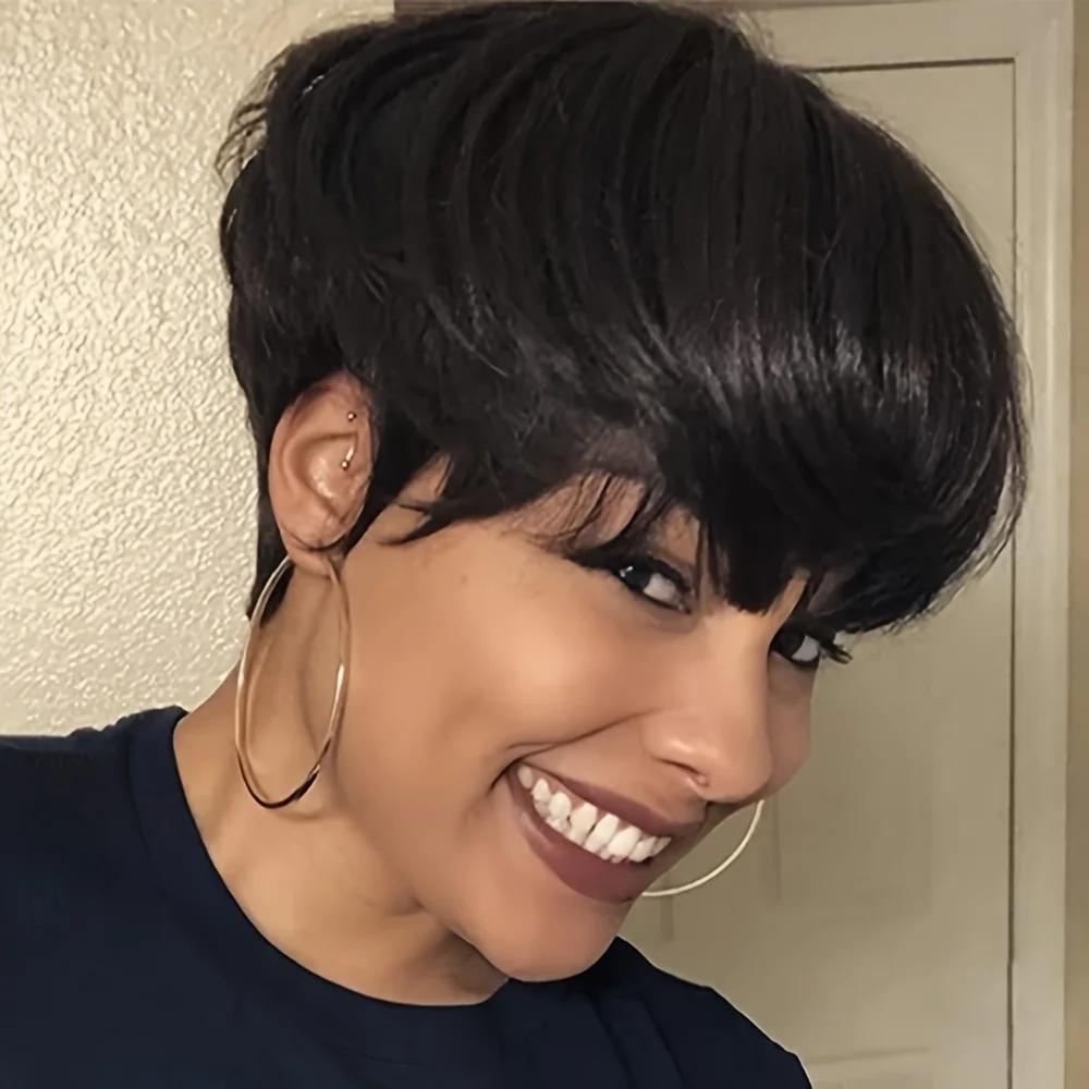 ピクシーカット ストレート人毛ウィッグ 女性用 4 # /99J/1B カラー フルマシンメイドウィッグ ショートレイヤードストレートウィッグ 前髪付き 6インチ