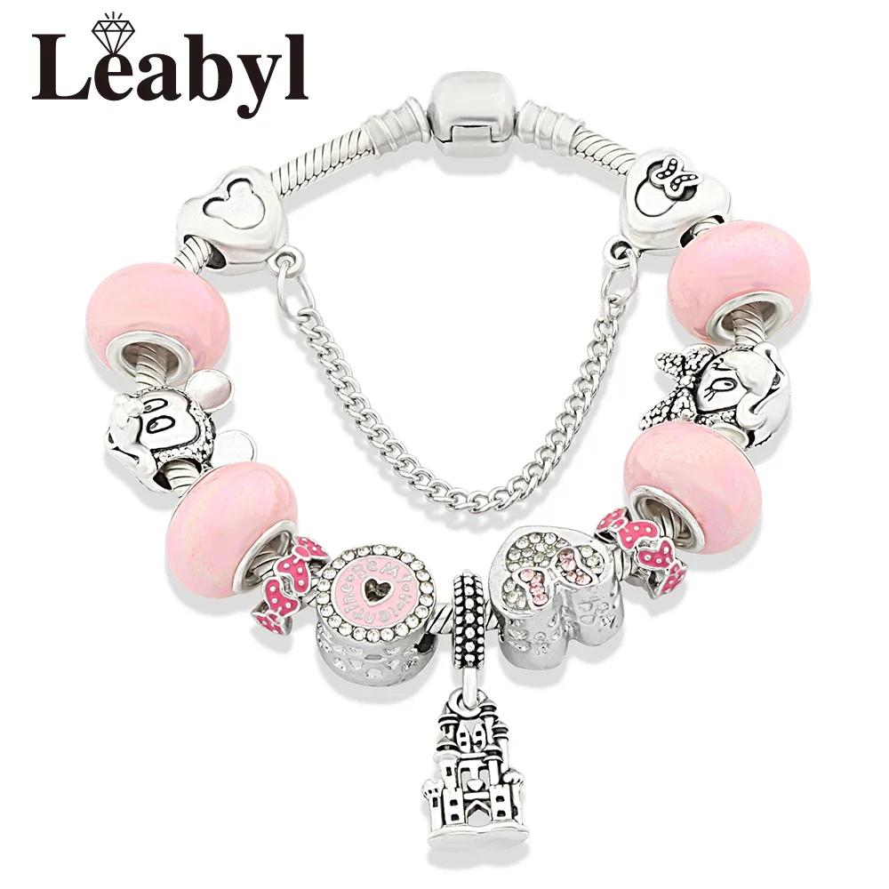 Pink Crystal Mickey Minnie Charm Bracelets DIY Heart Castle Beads Jewelry for Kids Birthday Gift