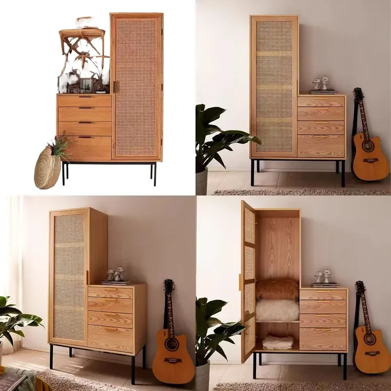 for Retro Rattan Japanese Style Solid Wood Wardrobe Simple Small Apartment Bedroom Single Door Four Drawer Storage Cabinet