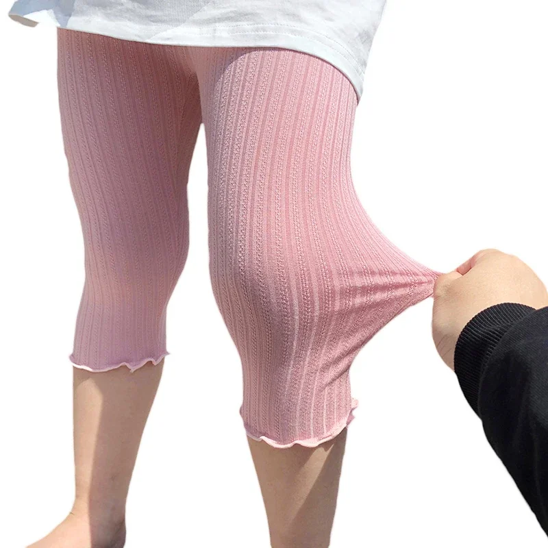 Kids Girl's Capris 2024 Modal Jacquard Summer Leggings Thin Korean Style Cropped Pants Children Leggings Tights Pink White 3-10Y