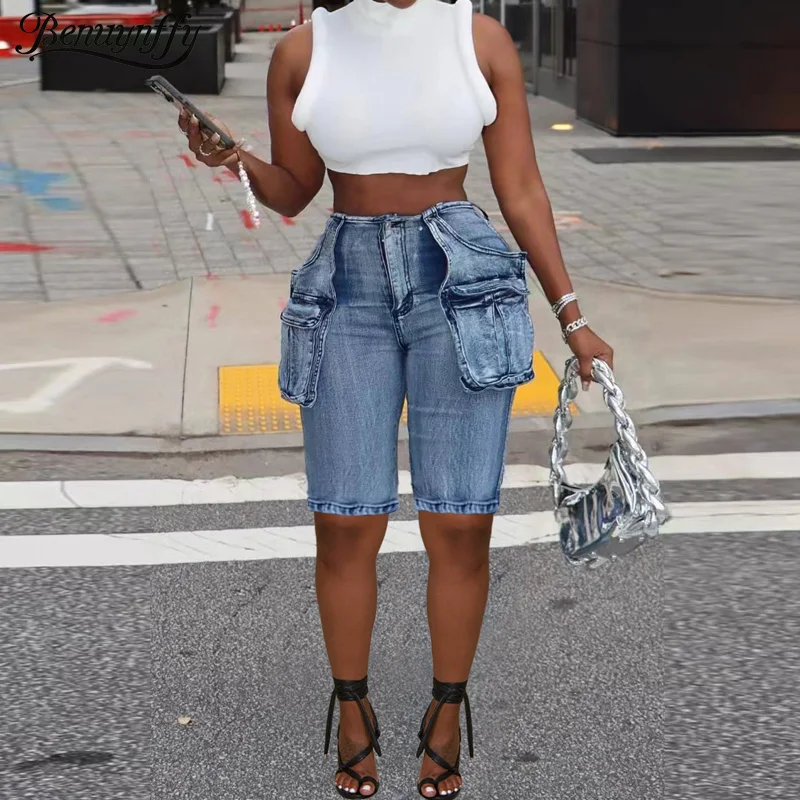 

Benuynffy American Retro Washed Cargo Denim Shorts Women's High Street Hip Hop Straight Knee Length Denim Pants Summer 2025 New