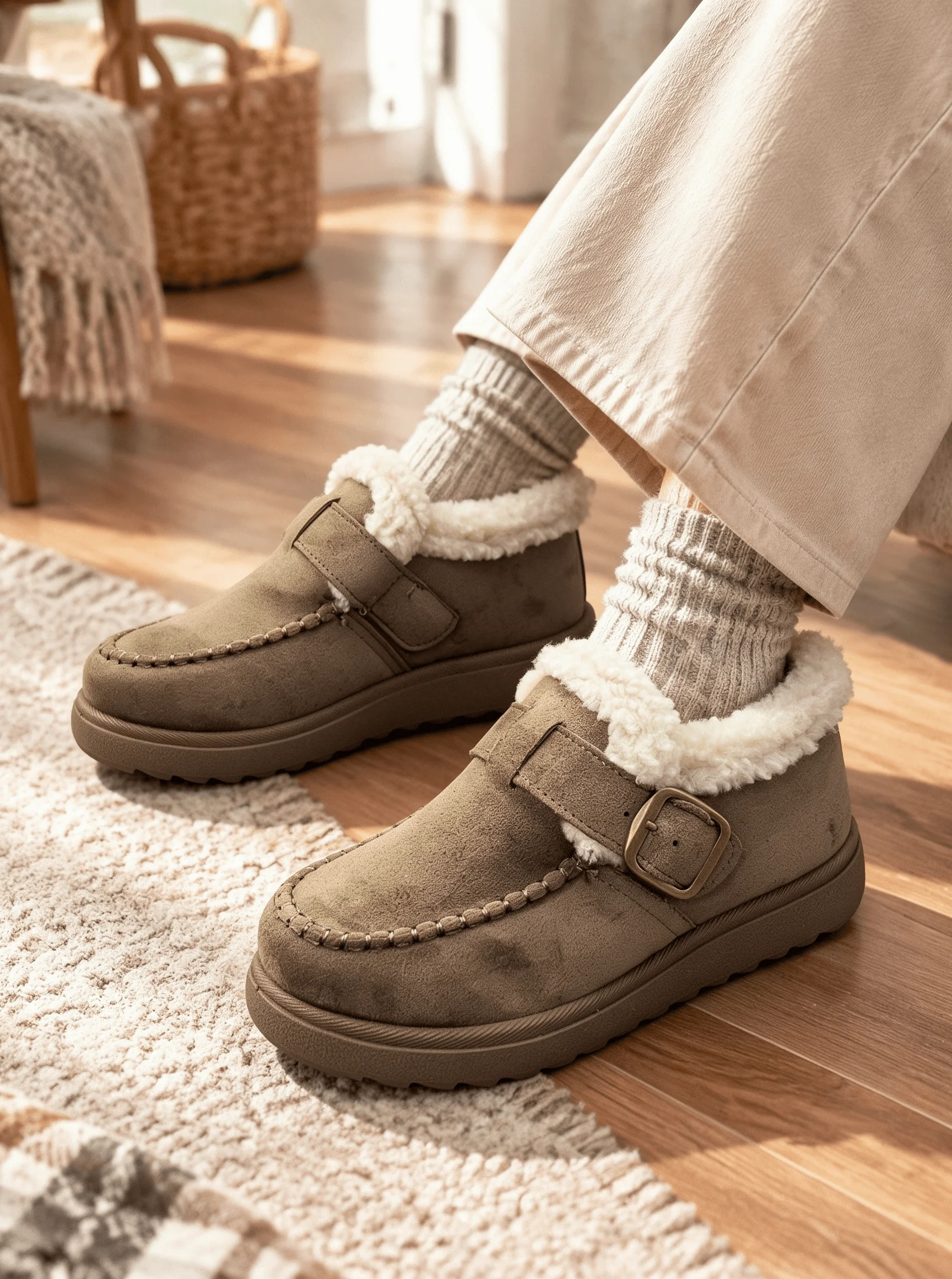 Damen Winter Plüsch Warme Baumwollschuhe, mit Schnallenriemen, Lässige Stiefeletten, Lässige Flache Schuhe – Detail 5