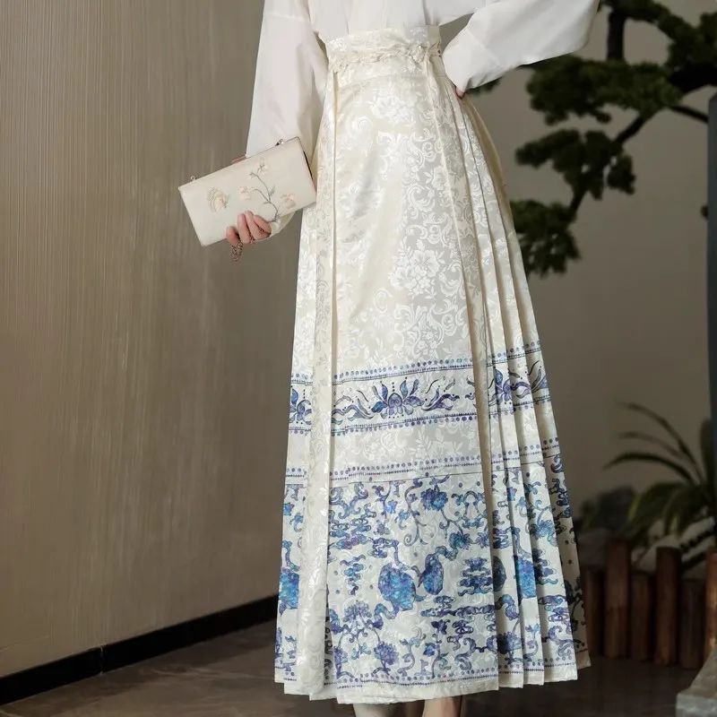 

Женская юбка в стиле династии Мин с вышивкой, винтажная одежда Ханьфу, плиссированная юбка в китайском традиционном стиле