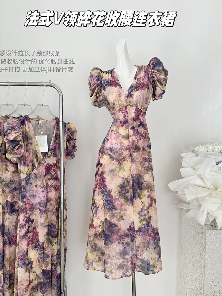 Summer French Vintage Midi V-Neck Floral Maxi Dress Women Evening Aesthetic Tunic Frocks Party One-Piece Robe New Boho Cottage