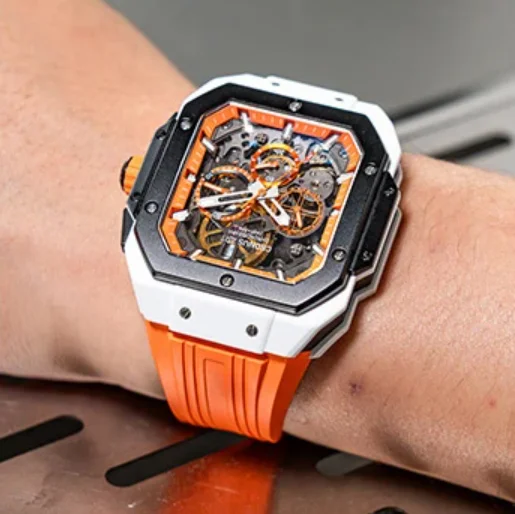 CRONUSART ساعة أوتوماتيكية للرجال كرونوغراف 45 مللي متر مستطيل ساعة اليد الميكانيكية الكربون الصلب حالة مضيئة الهيكل العظمي الهاتفي