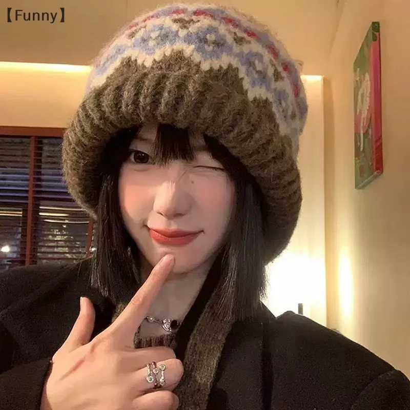 여성용 니트 모자 울 혼합 레트로 울 모자 따뜻하게 유지하는 빅 헤드 사이즈 방한 모자 남성용