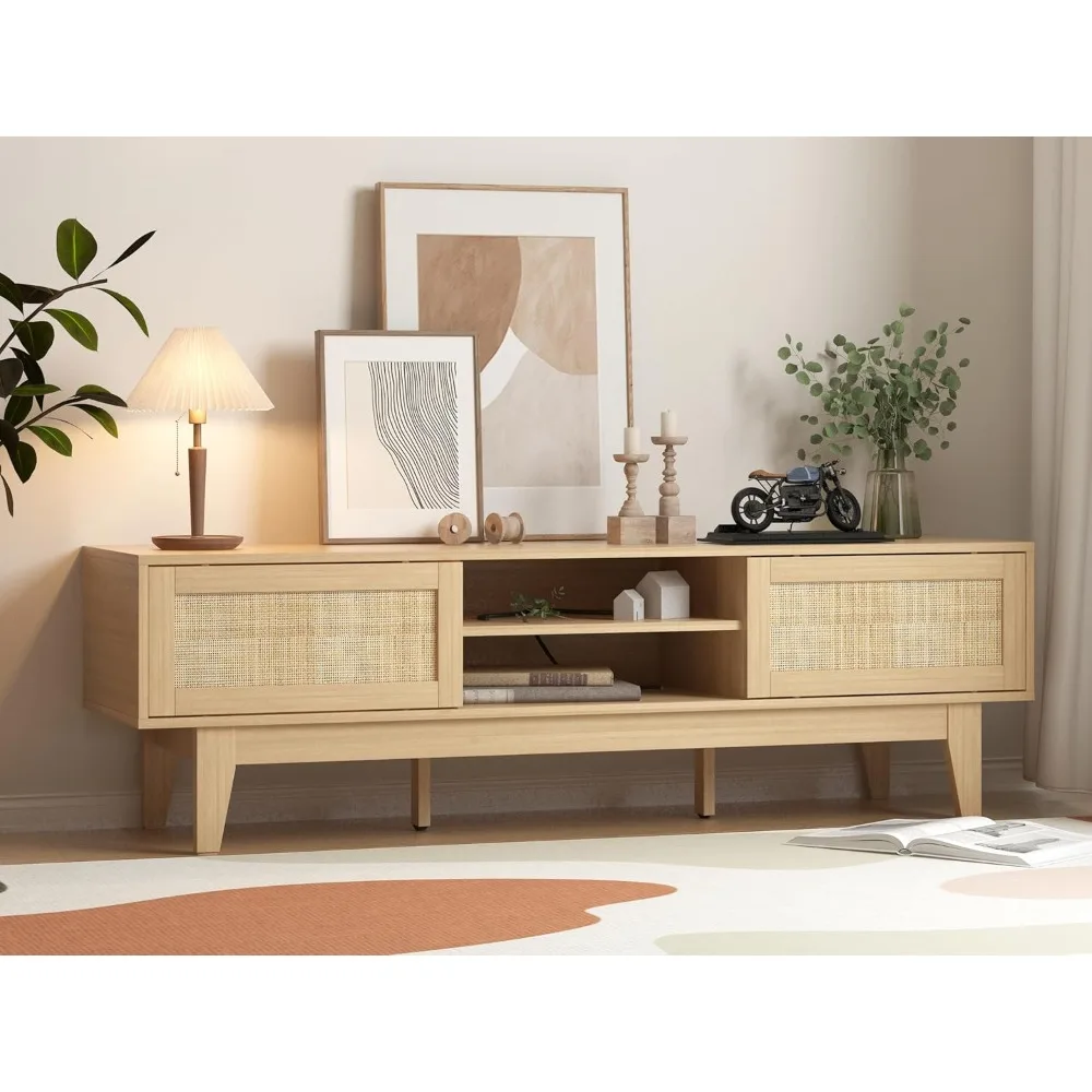 

Boho TV Stand for 55 65 Inch TV, Rattan Entertainment Center with Shelves, Cabinets and Sliding Doors, TV Media Table,Customized