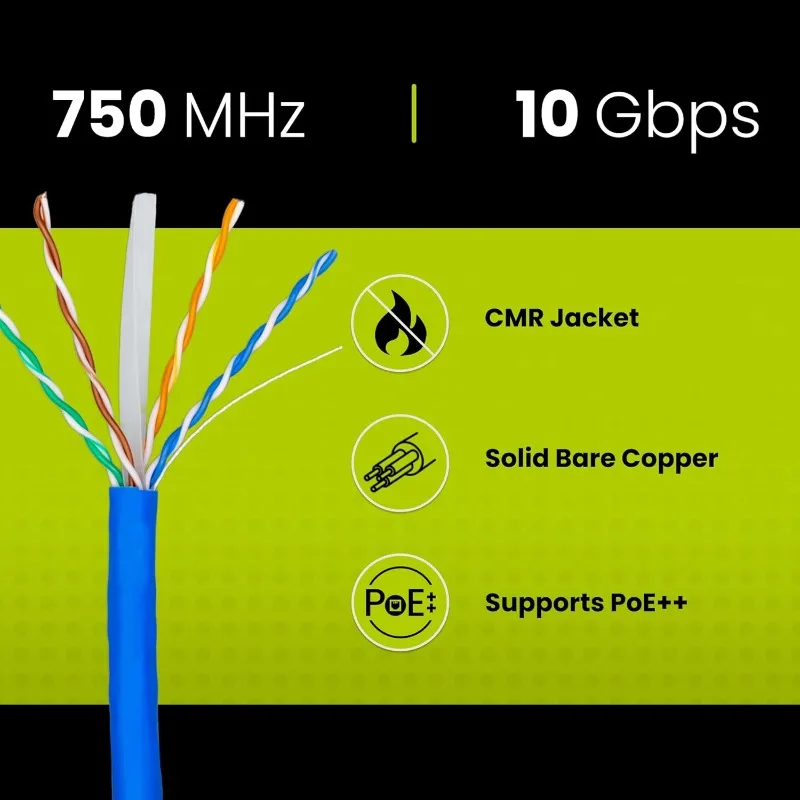 

Cat6A Riser (CMR), 1000 футов, 23AWG, 4 пары, твердая голая медь, 750 МГц PoE++ (4PPoE), неэкранированная витая пара (UTP), объемный Ethernet-кабель