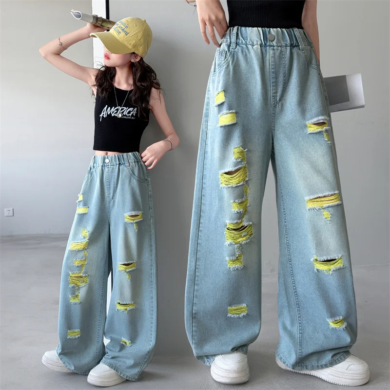 Girls School Wide Leg Pants with Color Ripped Hole Design Casual Loose 2026 Kid Fashion Long Jeans Children Summer Thin Trousers