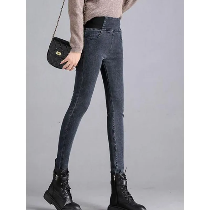 

Новые модные и универсальные флисовые джинсы больших размеров, узкие утягивающие эластичные брюки с высокой талией и брюки на небольшую ногу.