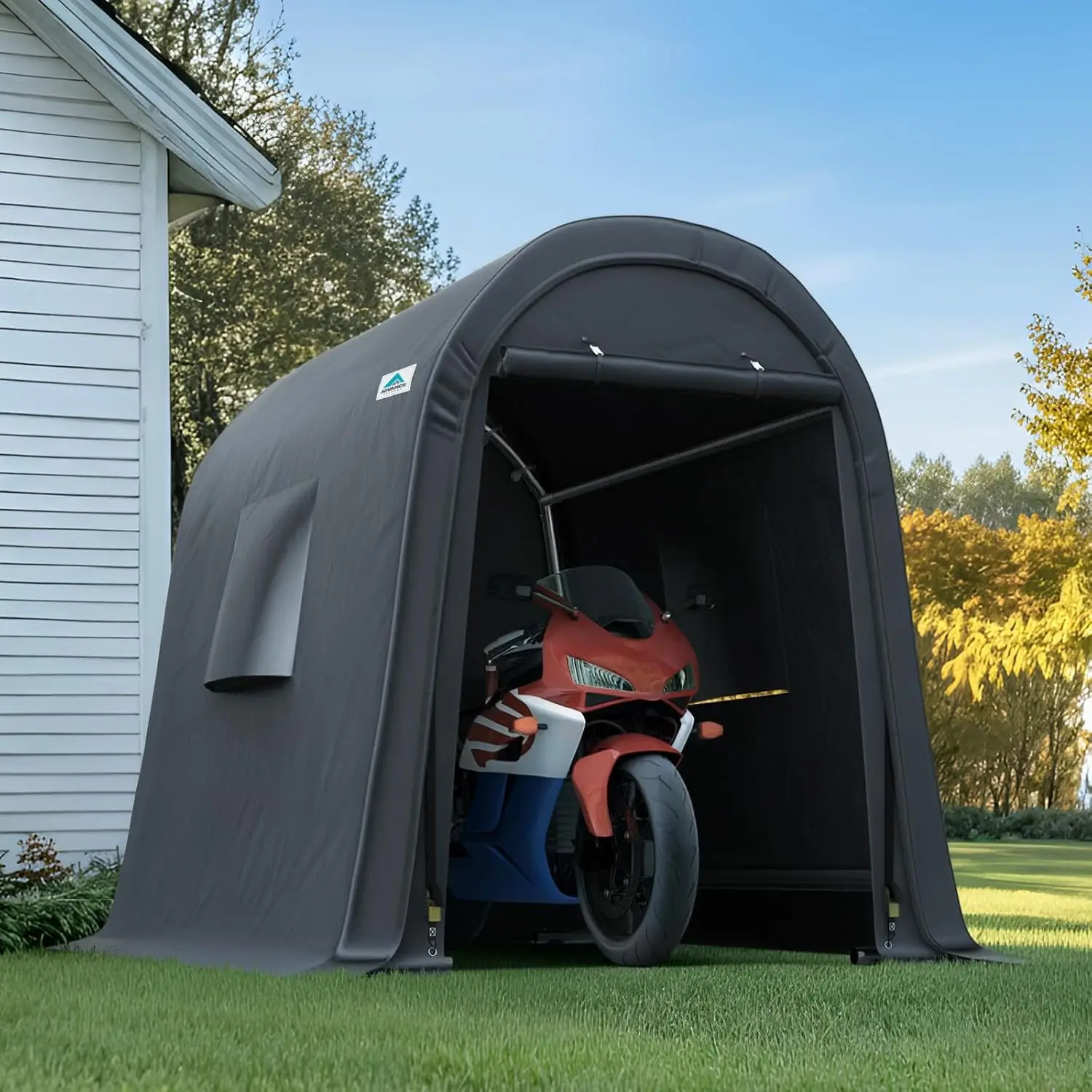 

6x8 ft Storage Shed Shelter Steel Metal Round Peak Roof Portable Garage Carport for Motorcycle, Boat, or Garden Tools with 2