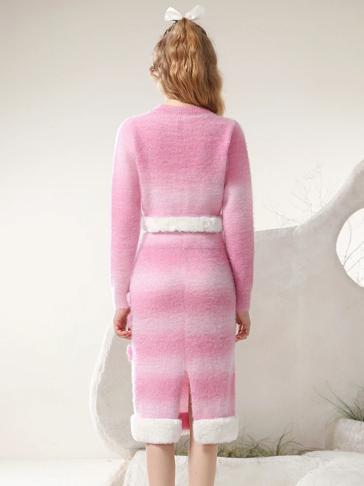2023 Winter New Sweet Romantic Pink Gradient Sweater Suit Outfits Soft Glutinous Long Skirt Pullover Short Knitted 2 Piece Set