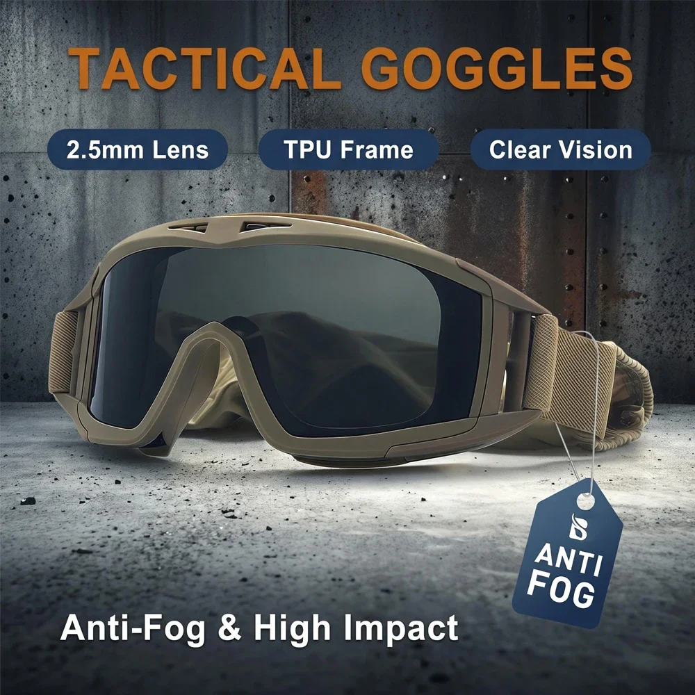 Tactical Goggles 3 Lens Impact-Resistant Paintball CS Game Safe Glasses UV400 Anti-fog Windproof Motocross Motorcycle Goggles