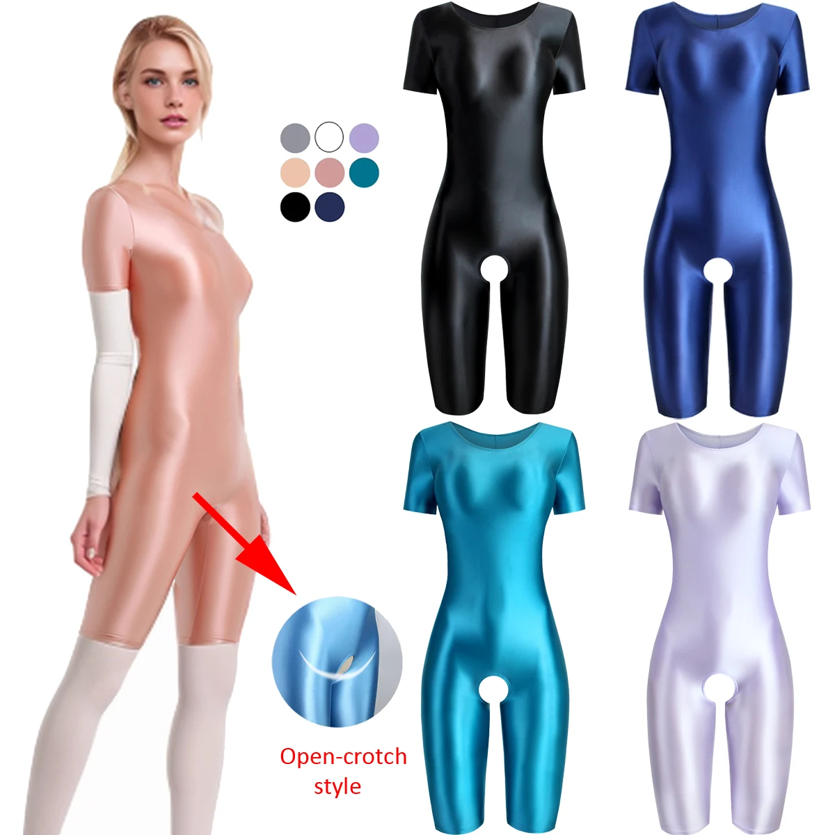

MJINM Women Sexy Glossy Spandex Smooth Elastic Short-sleeve Open Crotch Knee-length Bodybuilding Yoga Jumpsuit Catsuit Bodysuit