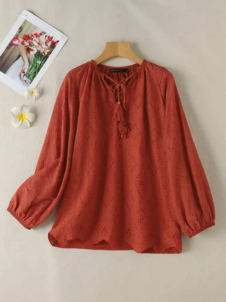 ZANZEA Lace Trim Casual Loose Blusas Bohemian Women Holiday Hollow Out Embroidery Tunic Tops 3/4 Sleeve V Neck Lace-up Blouses