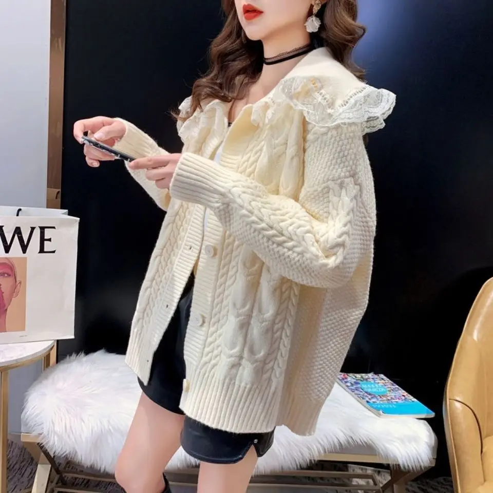 Spring Korean Version Quality Sweet Splicing Ruffled  Peter Pan Collar Lace Knitted Cardigan Sweater Jacket Coat U609