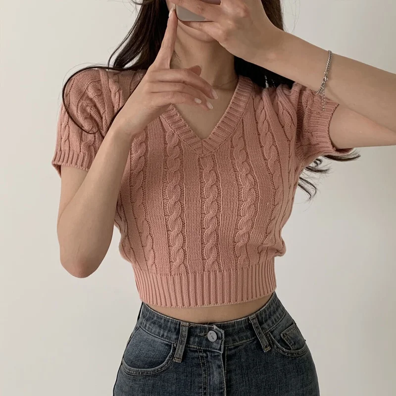 Korean Simple V-neck Knitted Slim Short-sleeved Top for Women Crop Top