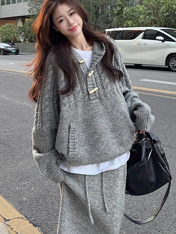 Elegant Lazy Style Women's Knitted Hat Sweater with High Waist Drawstring Half Skirt Two-Piece Set Long Sleeve Thermal Comfor...