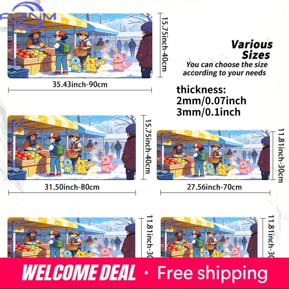 Anime Pokemon Ash & Friends Winter Market Large Extended Gaming Mouse Pad Non-Slip Desk Mat Multi Size 2mm 3mm Thick
