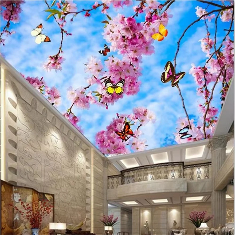 Custom Wallpaper 3d Photo Mural Masculine Flower Peach Blossom Ceiling Zenith Mural Rise Rose Blue Sky White Cloud wallpapers