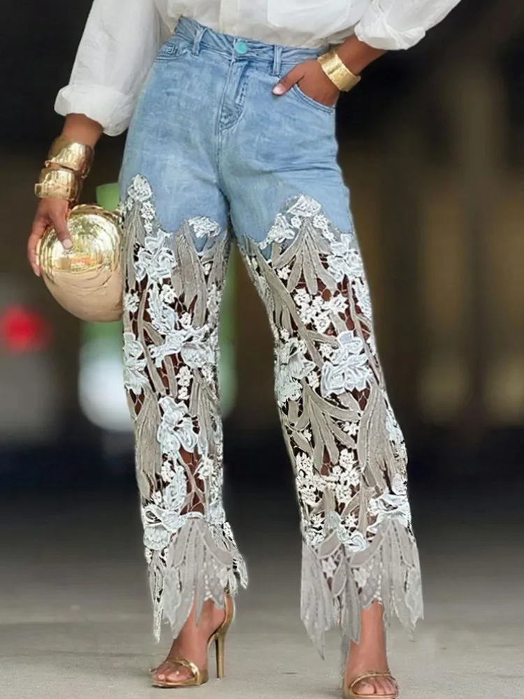 

Весенне-осенние джинсы с вырезами для женщин, высокая талия, лоскутная молния, повседневные широкие брюки, женская модная одежда, новинка