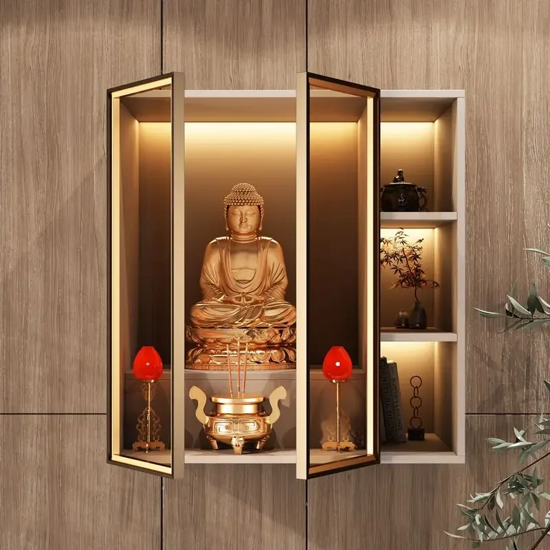 Buddhist niche new Chinese hanging cabinet, Guanyin Buddha statue cabinet, modern light luxury small shrine wall hanging type