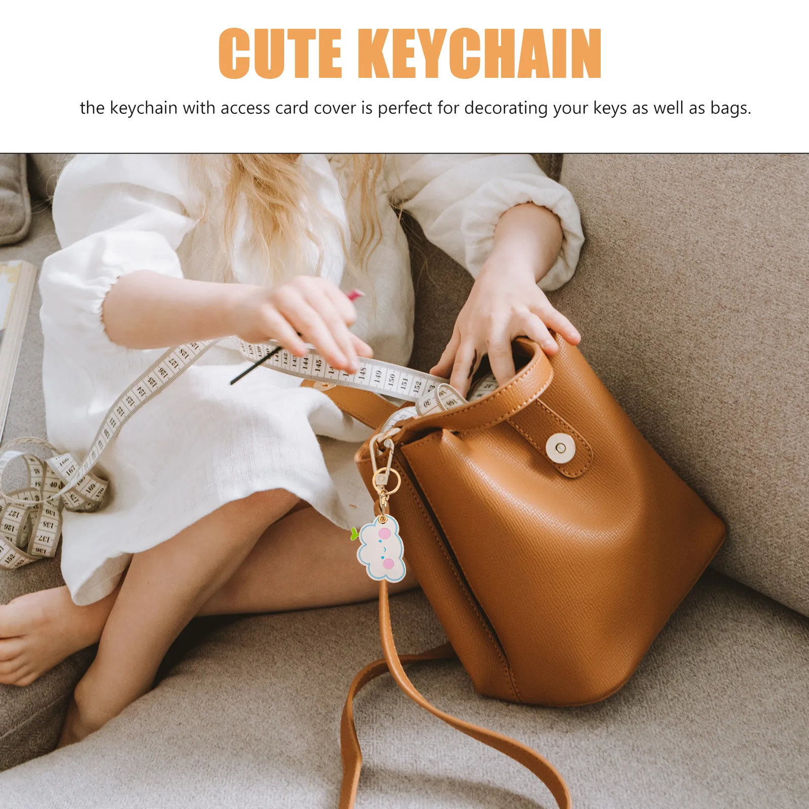 2Pcs Adorable Cartoon Pattern Keychain Pendant PU Case for Access Cards Key Ring Bag Decor Entrance Guard Cover Unique
