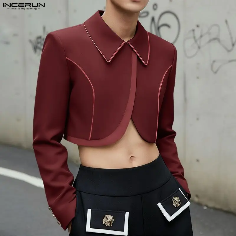 

Мужской укороченный пиджак INCERUN с асимметричным воротником и длинными рукавами, в стиле пэчворк, уличная мода 2026, повседневный мужской костюмный пиджак, размеры S-5XL