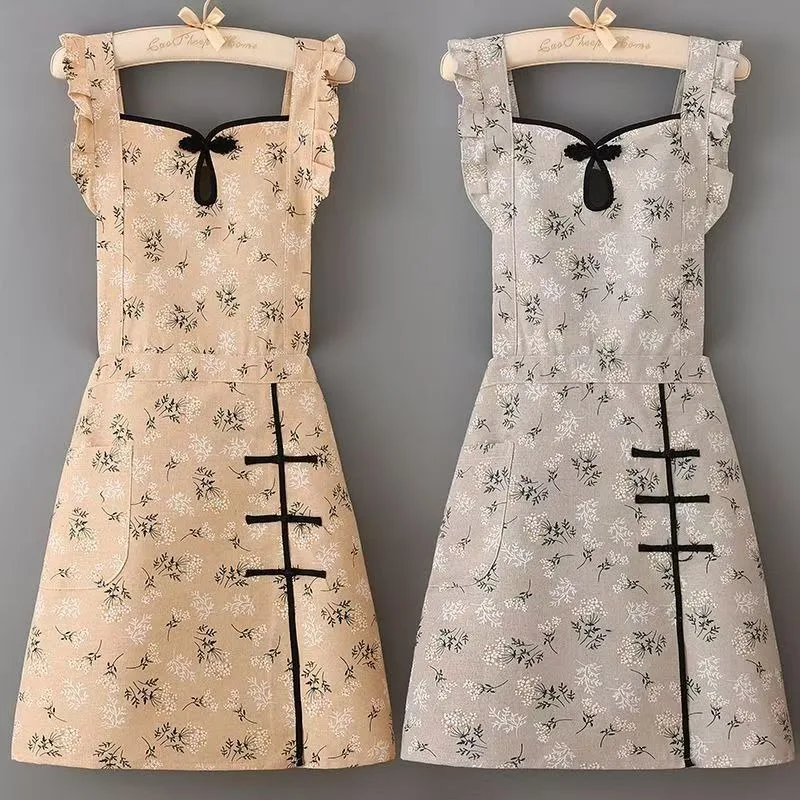 Cotton Linen New Chinese Style Apron for Kitchen Cooking Household Anti Stain Waistband Women Catering Workwear Bakery Durable