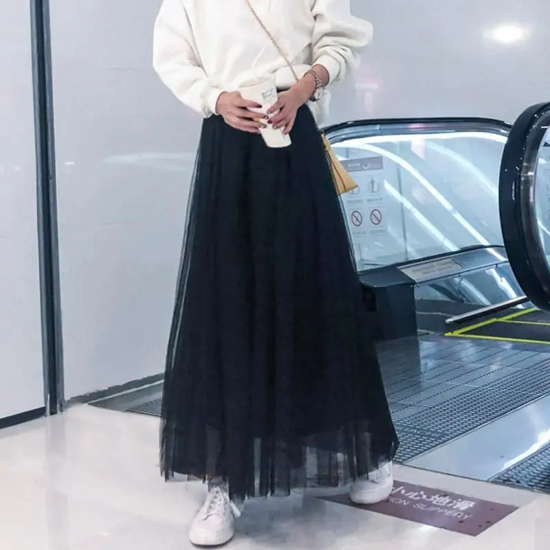 伸縮性ウエスト 3 層メッシュロングスカートエレガントヴィンテージハイウエストボールガウンガーゼチュチュスカート女性ファルダス
