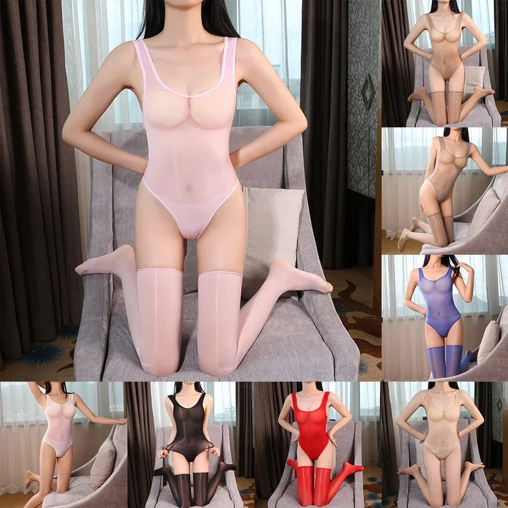 Pakaian dalam Lingerie seksi berkilau minyak wanita Bodysuit tembus pandang Leotard Thong intim halus Bikini nilon elastis