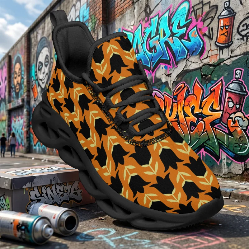 Zapatos deportivos transpirables de ajuste ancho para hombre y mujer, mocasines con estampado de tulipanes naranja de talla grande, zapatillas con cordones y punta redonda, adecuadas para Ev