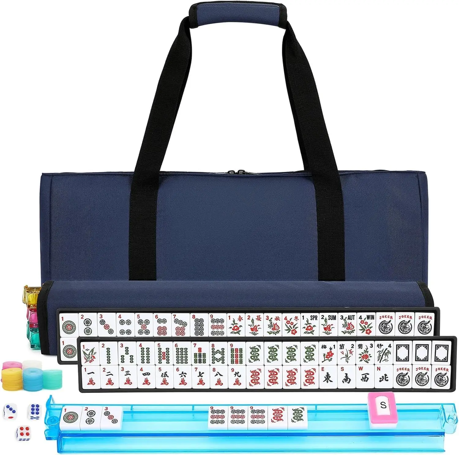 

166 White Mahjong Tile Set, 4 Racks, Blue Travel Bag, American Style