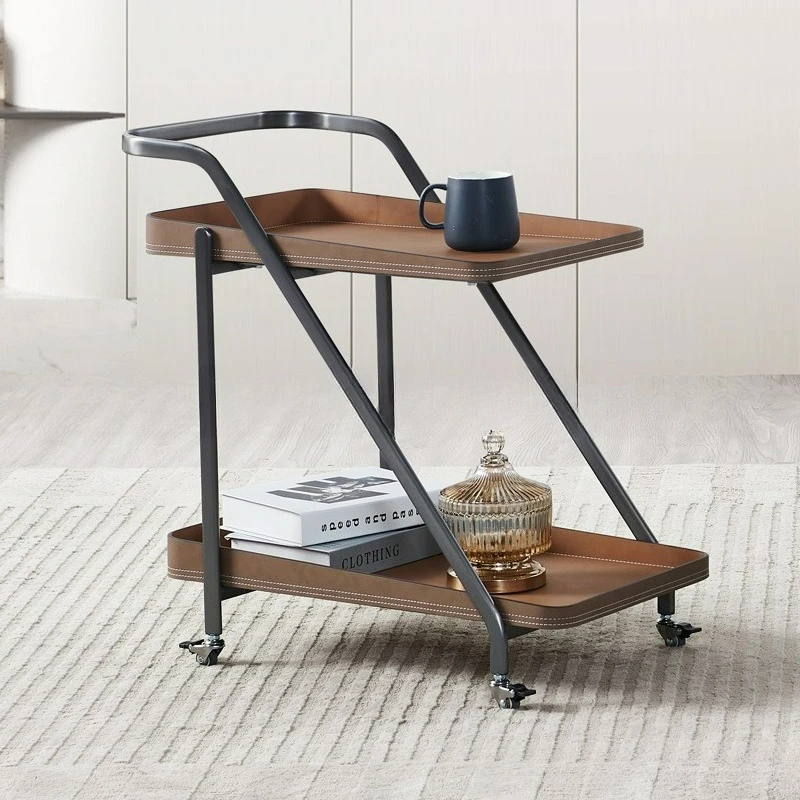 

Italian minimalist trolley storage restaurant light luxury creative mobile saddle leather three-layer side table
