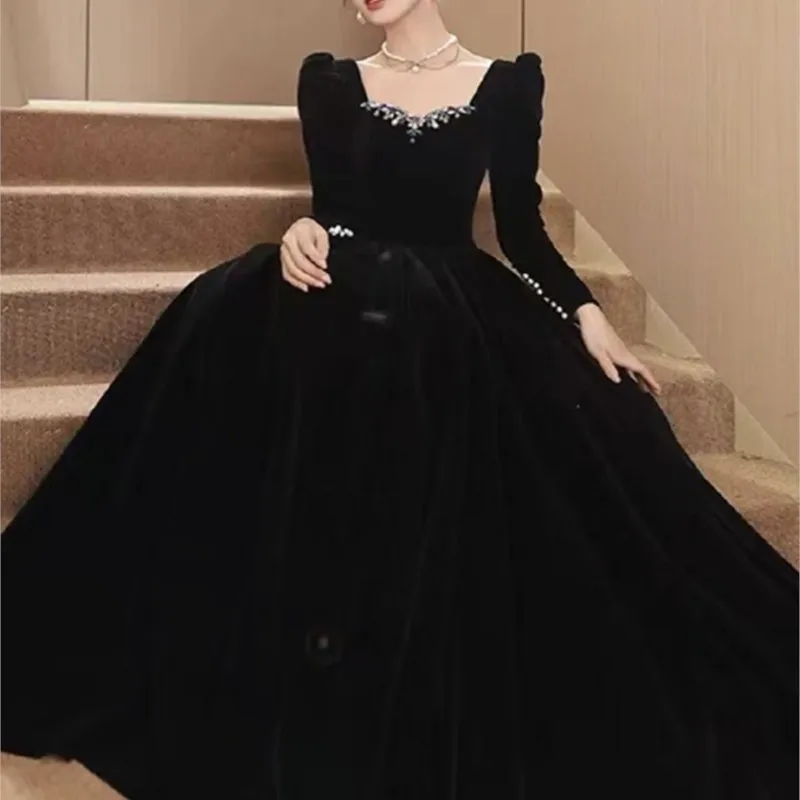 Black banquet temperament high set light luxury new heavy long host dress