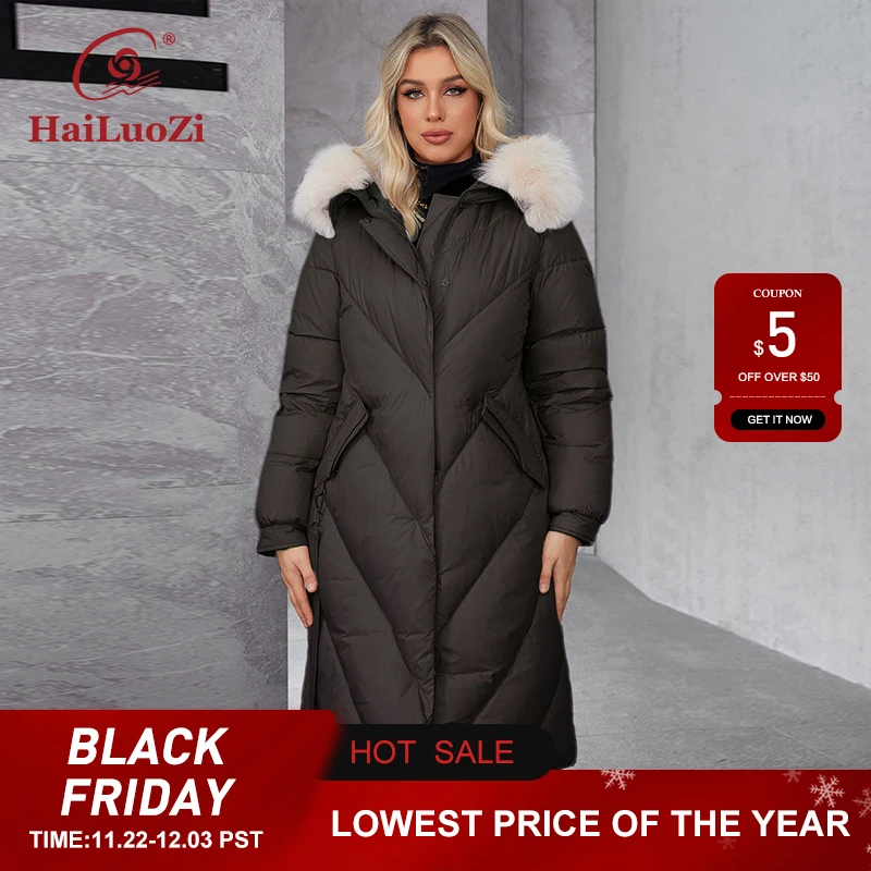 HaiLuoZi-Parka larga con capucha para mujer, chaqueta cálida con bolsillo oblicuo, de talla grande, a la moda, para invierno, 2024, 1316