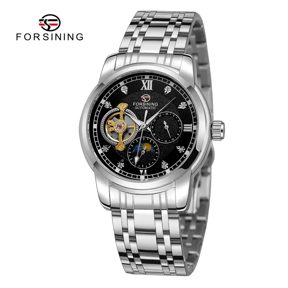 Fashion Men\'s Leisure Lunar Phase Tourbillon 24-hour Multi Functional Waterproof Full Stainless Steel Mechanical Business Watch