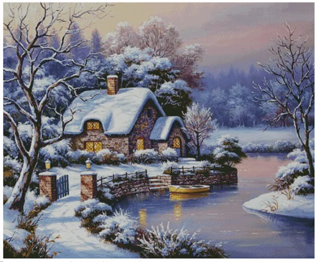 

Winter Snow Cottage Scenery Sewing 18CT 16CT 14CT Unprinted Cross Stitch Kits Embroidery Art DIY Handmade Needlework Home Decor