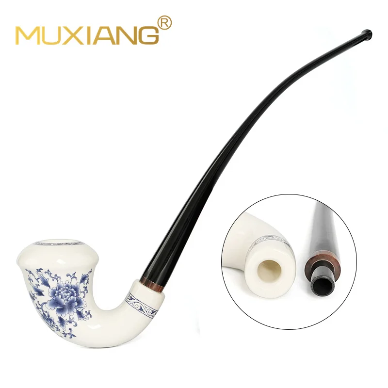 pipe ceramic body+ long curved stem + short curved stem mouthpiece+ stand. Blue and white porcelain tobacco pipe,  9mm filter